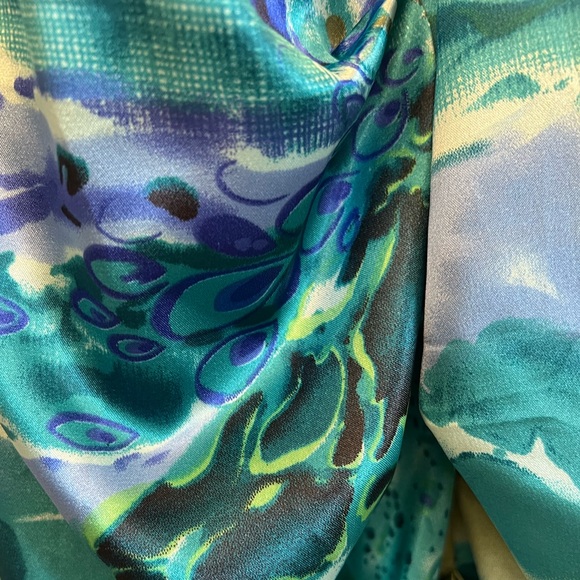 Xscape by Joanna Chen Rare Blue Green Watercolor Peacock Padded Ruched Dress 8 - Picture 6 of 7